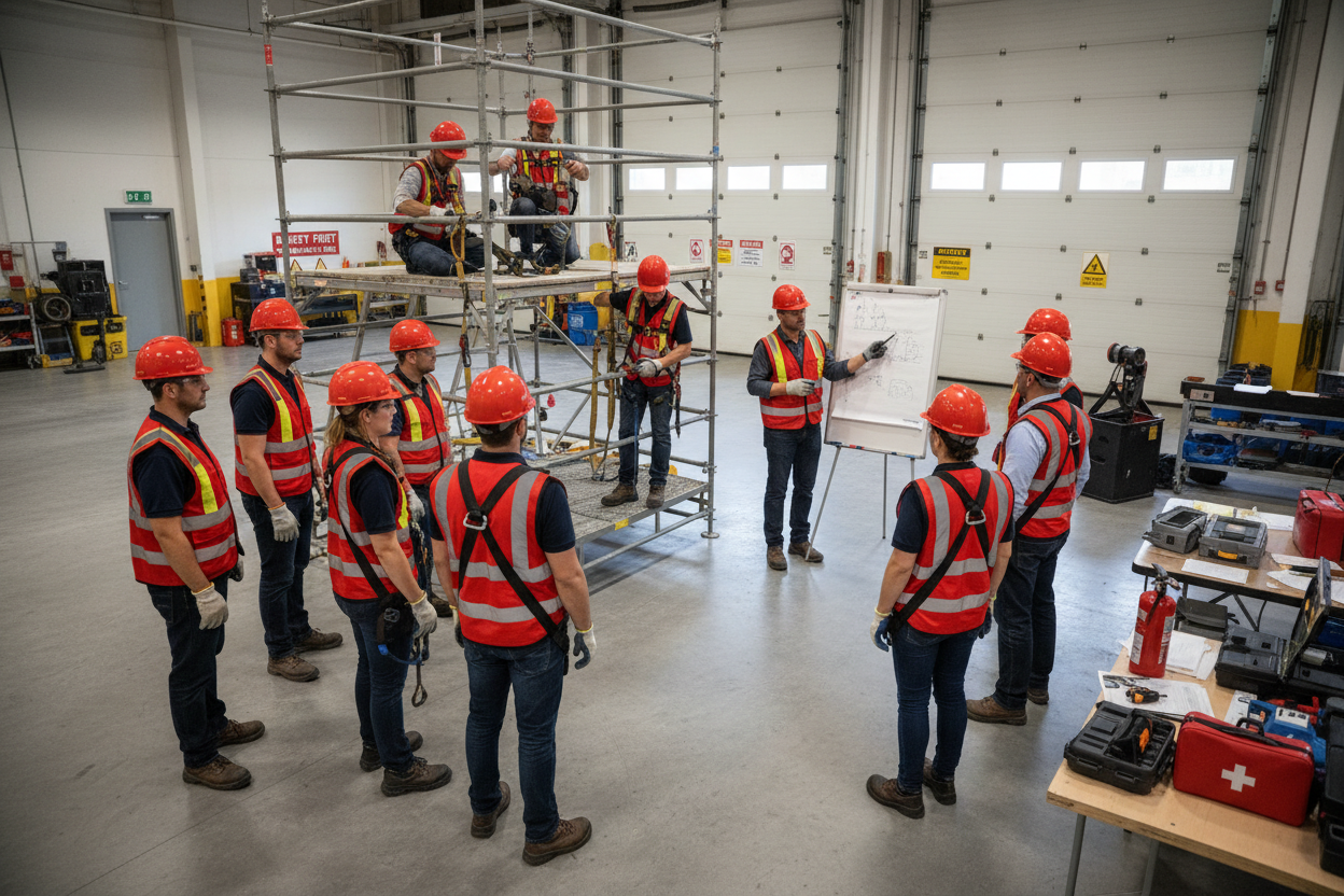 PERSONAL CON CHALECO ROJO Y CASCO ROJO EN CAPACITACIÓN