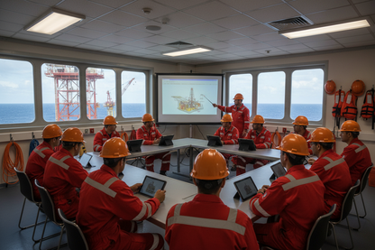 PERSONAL CON OBEROL ROJO TOMANDO CAPACITACION EN PLATAFORMA PETROLERA